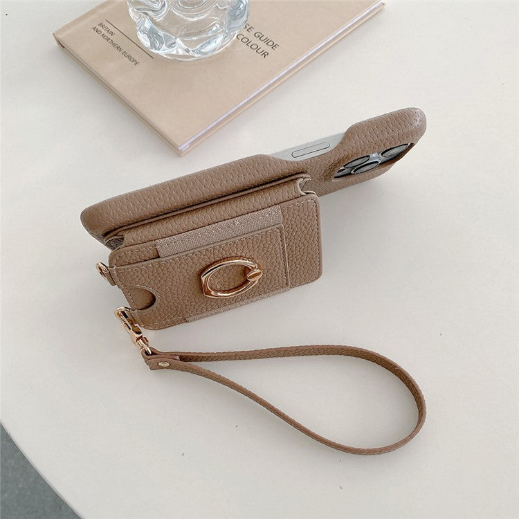 For iPhone 16 Pro Case Card Slots Kickstand PU Leather Back Cover with Ring Holder, Wrist Strap - Light Brown