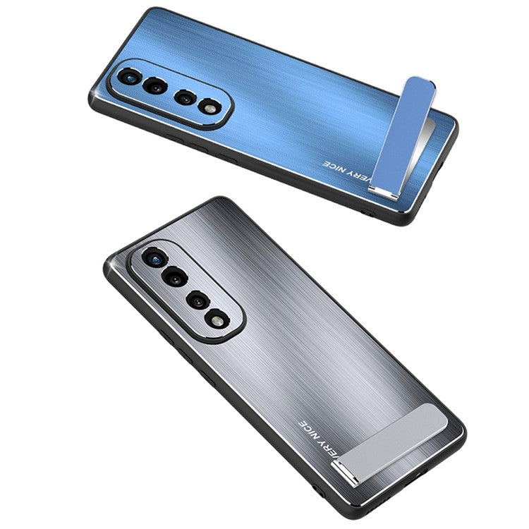 For Honor 70 Pro 5G TPU Bumper Brushed Aluminium Alloy Back Phone Case Anti-drop Kickstand Cover - Silver