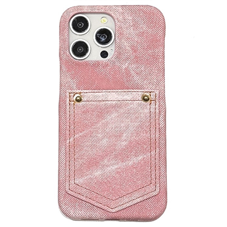 For iPhone 16 Pro Case Card Holder Jeans Cloth Texture PU Leather Back Cover - Pink