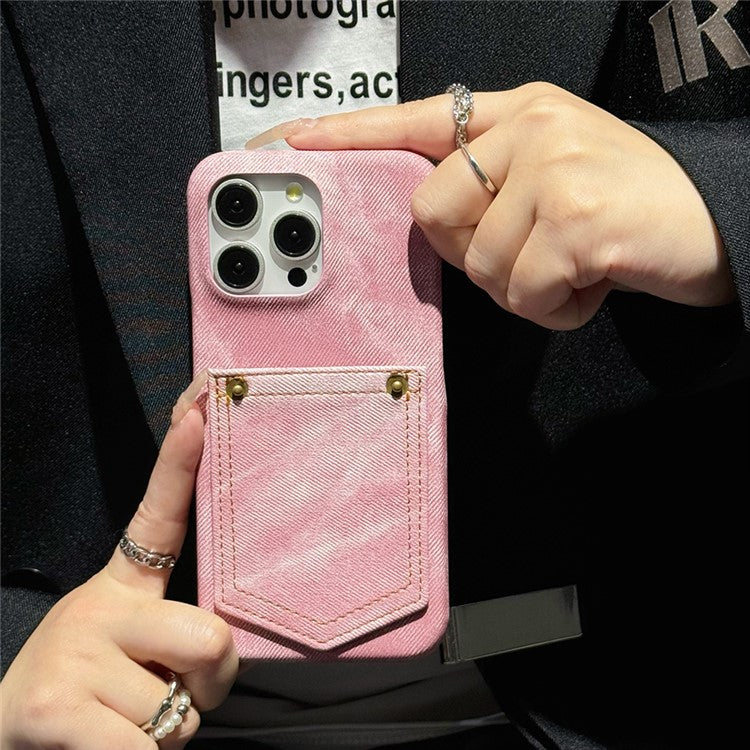 For iPhone 16 Pro Case Card Holder Jeans Cloth Texture PU Leather Back Cover - Pink