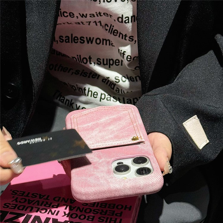 For iPhone 16 Pro Case Card Holder Jeans Cloth Texture PU Leather Back Cover - Pink