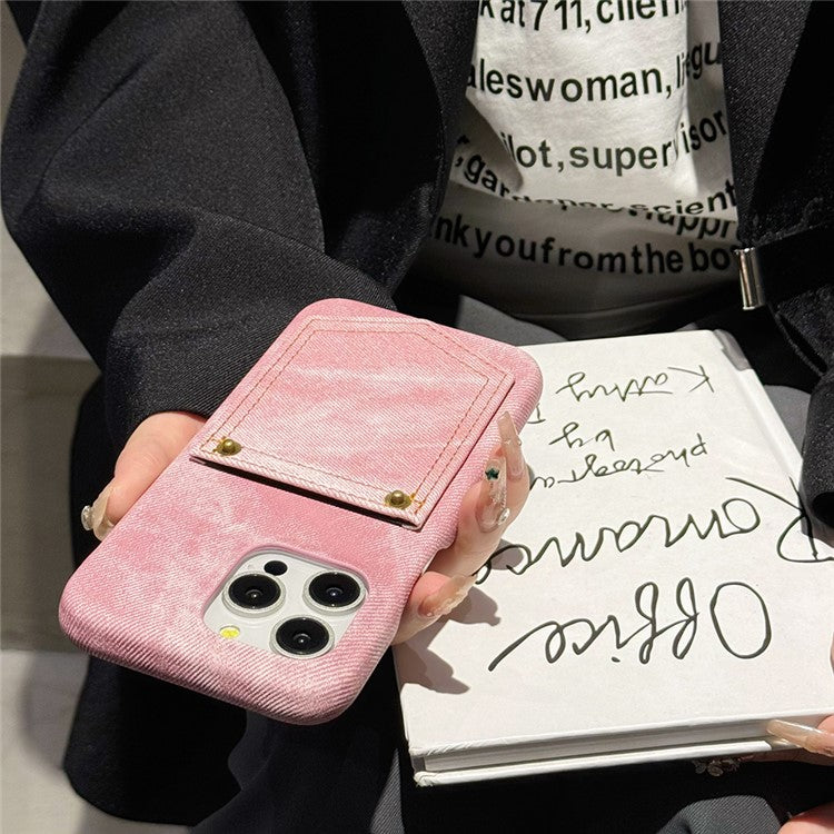 For iPhone 16 Pro Case Card Holder Jeans Cloth Texture PU Leather Back Cover - Pink