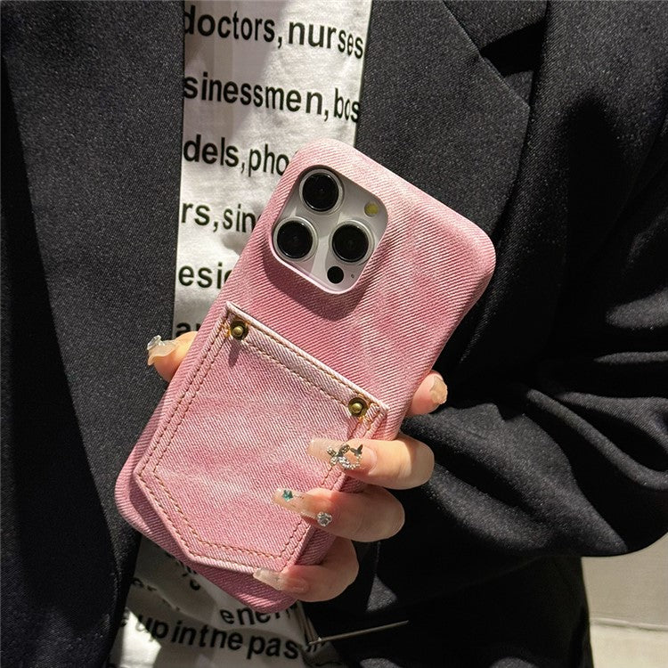 For iPhone 16 Pro Case Card Holder Jeans Cloth Texture PU Leather Back Cover - Pink