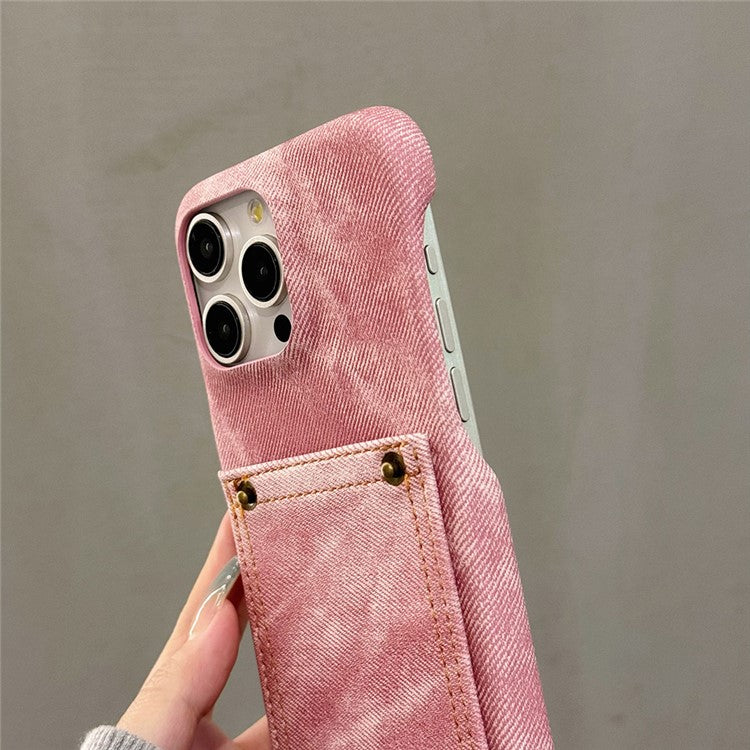 For iPhone 16 Pro Case Card Holder Jeans Cloth Texture PU Leather Back Cover - Pink