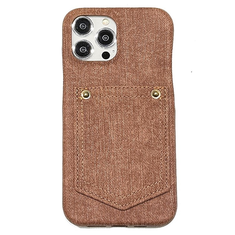 For iPhone 16 Pro Case Card Holder Jeans Cloth Texture PU Leather Back Cover - Dark Brown