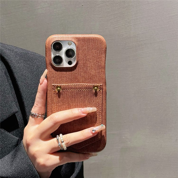For iPhone 16 Pro Case Card Holder Jeans Cloth Texture PU Leather Back Cover - Dark Brown