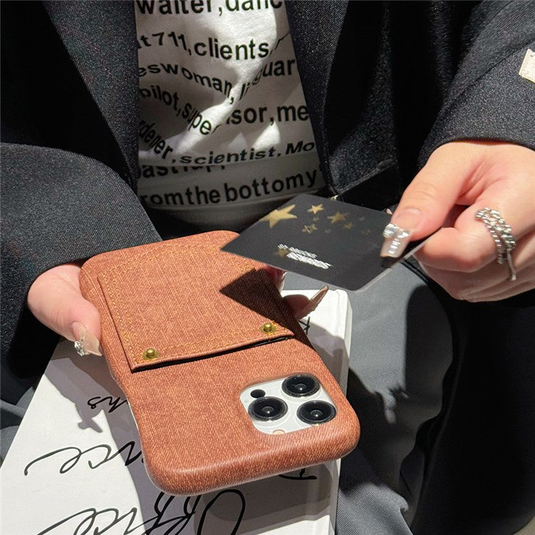 For iPhone 16 Pro Case Card Holder Jeans Cloth Texture PU Leather Back Cover - Dark Brown