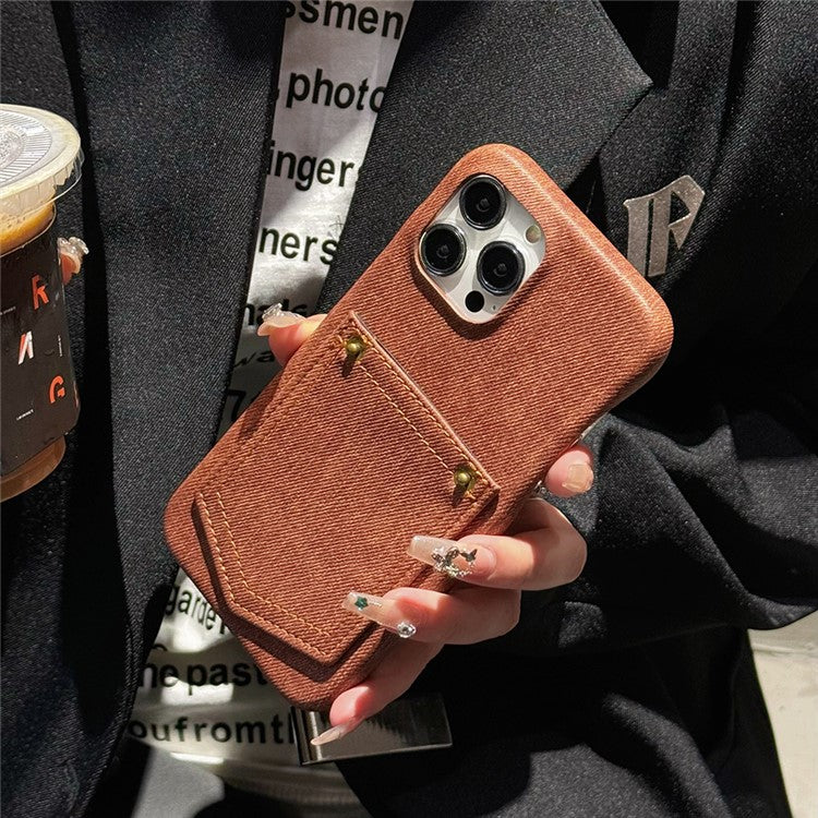 For iPhone 16 Pro Case Card Holder Jeans Cloth Texture PU Leather Back Cover - Dark Brown