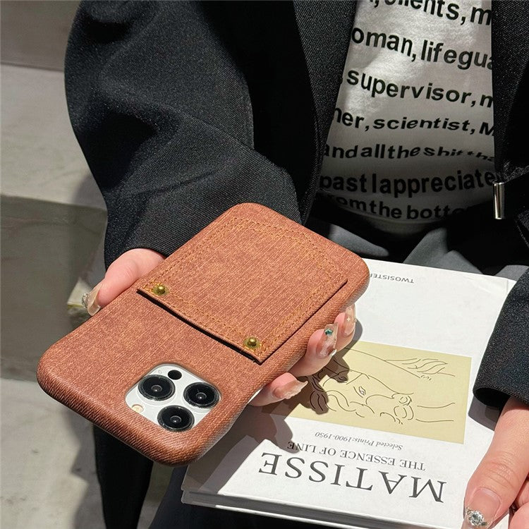 For iPhone 16 Pro Case Card Holder Jeans Cloth Texture PU Leather Back Cover - Dark Brown