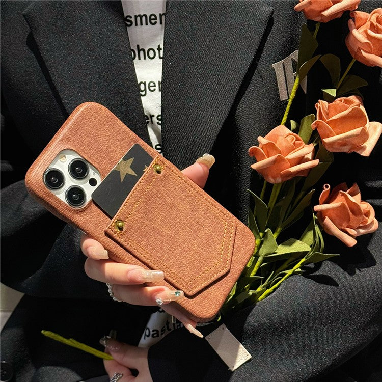 For iPhone 16 Pro Case Card Holder Jeans Cloth Texture PU Leather Back Cover - Dark Brown