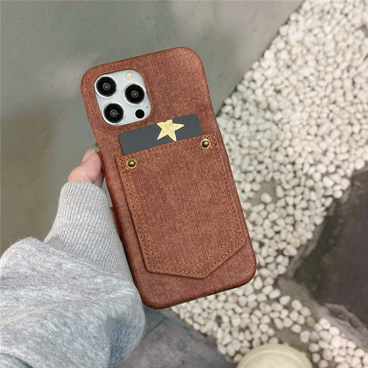 For iPhone 16 Pro Case Card Holder Jeans Cloth Texture PU Leather Back Cover - Dark Brown