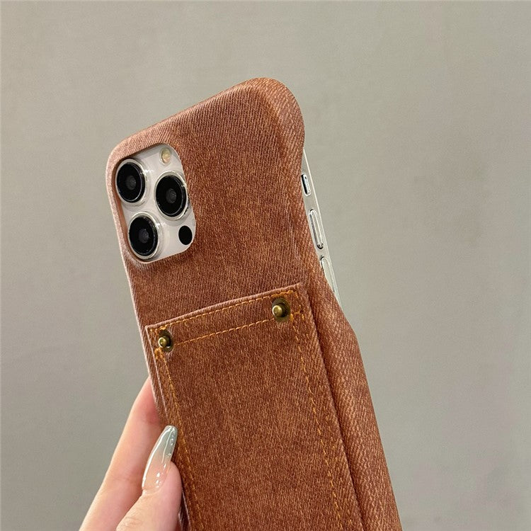 For iPhone 16 Pro Case Card Holder Jeans Cloth Texture PU Leather Back Cover - Dark Brown