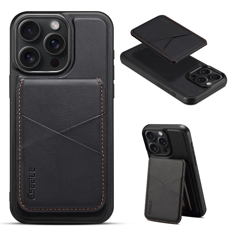 ESEBLE E3 For iPhone 16 Pro Magnetic Case with Detachable Card Holder Leather + TPU RFID Blocking Phone Cover - Black