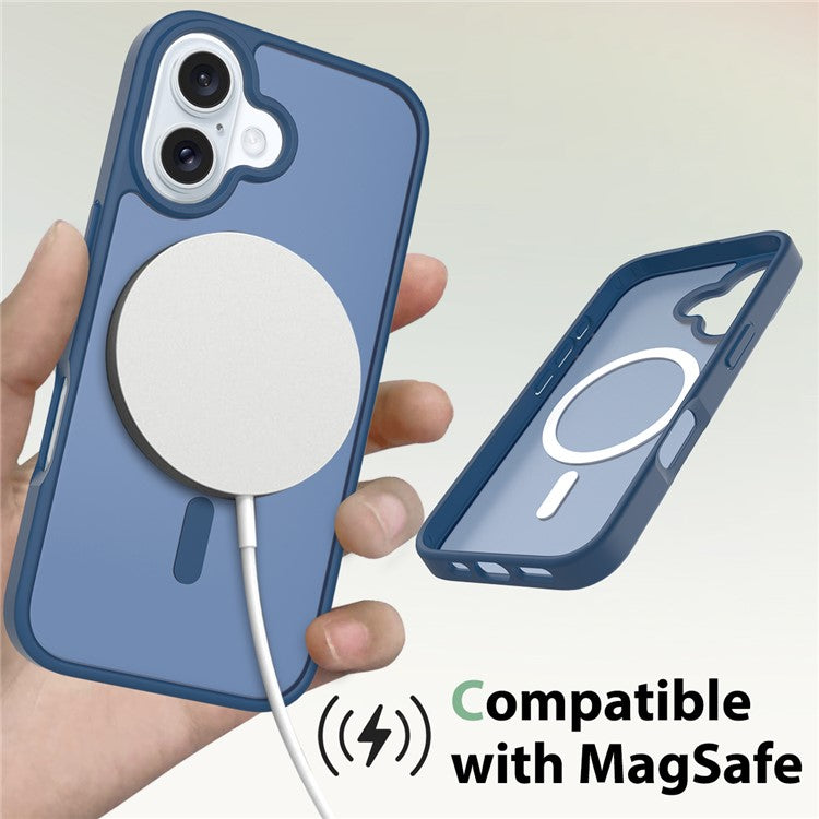 For iPhone 16 Compatible with MagSafe TPU Frame Acrylic Back Phone Cover Skin Touch - Blue