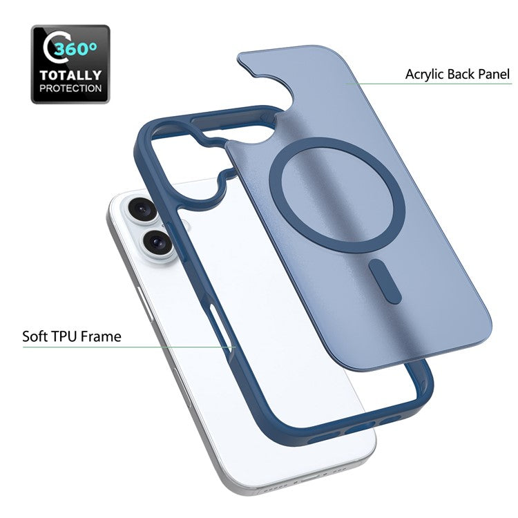 For iPhone 16 Compatible with MagSafe TPU Frame Acrylic Back Phone Cover Skin Touch - Blue