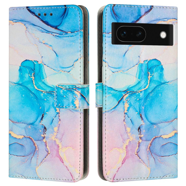 For Google Pixel 8a Stand Case Marble Pattern PU Leather Wallet Phone Cover with Wrist Strap - Pink / Green