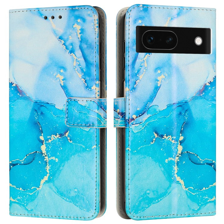 For Google Pixel 8a Stand Case Marble Pattern PU Leather Wallet Phone Cover with Wrist Strap - Blue / Green