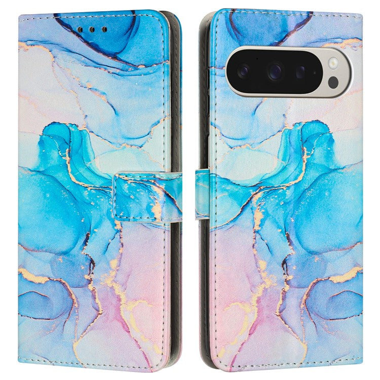 For Google Pixel 9 Pro XL Stand Case Marble Pattern PU Leather Wallet Phone Cover with Wrist Strap - Pink / Green