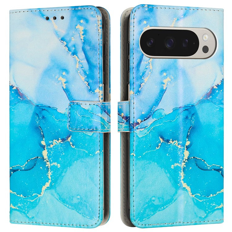 For Google Pixel 9 Pro XL Stand Case Marble Pattern PU Leather Wallet Phone Cover with Wrist Strap - Blue / Green