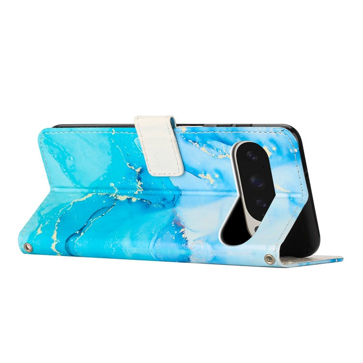 For Google Pixel 9 Pro XL Stand Case Marble Pattern PU Leather Wallet Phone Cover with Wrist Strap - Blue / Green
