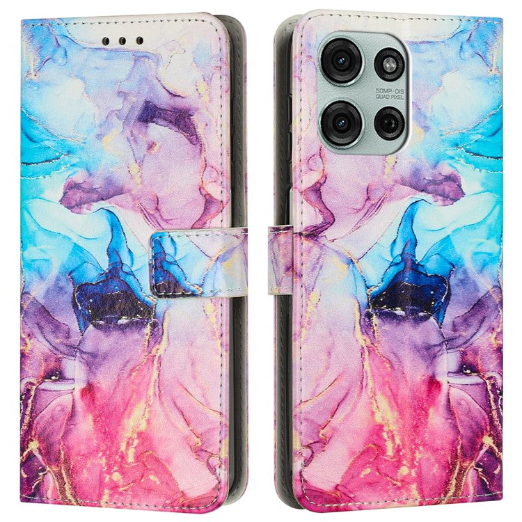 For Motorola Moto G75 5G Stand Case Marble Pattern PU Leather Wallet Phone Cover with Wrist Strap - Pink / Purple