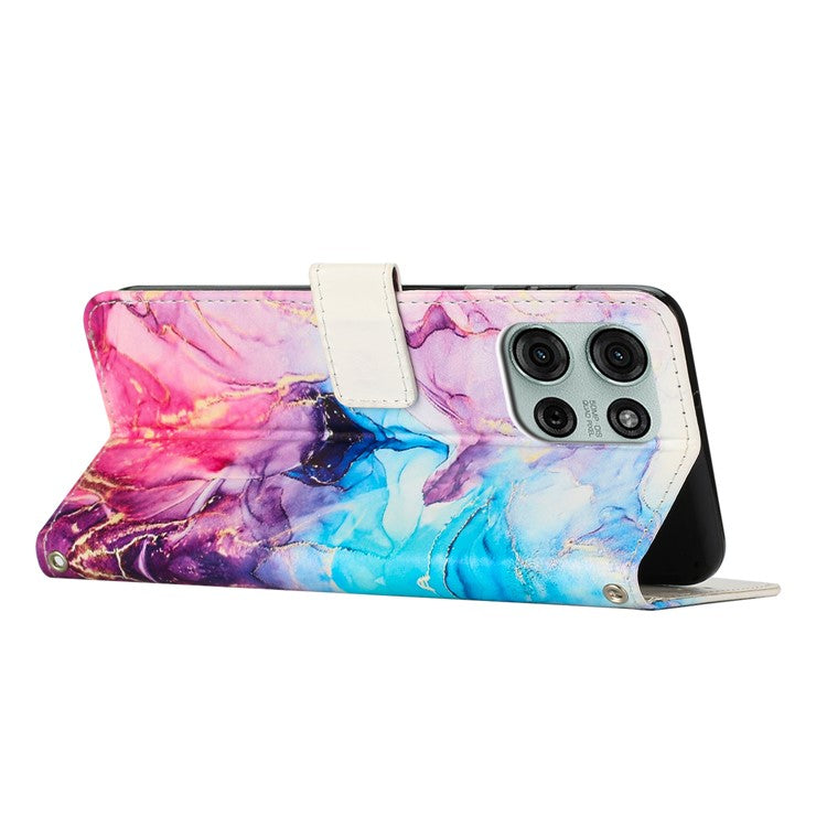 For Motorola Moto G75 5G Stand Case Marble Pattern PU Leather Wallet Phone Cover with Wrist Strap - Pink / Purple