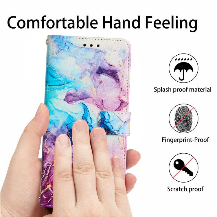 For Motorola Moto G75 5G Stand Case Marble Pattern PU Leather Wallet Phone Cover with Wrist Strap - Pink / Purple