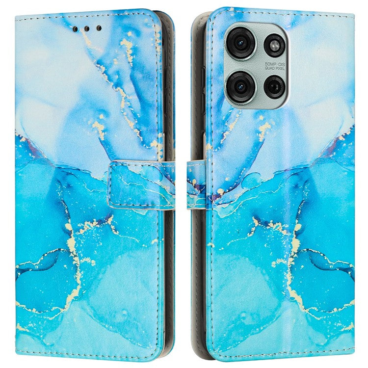 For Motorola Moto G75 5G Stand Case Marble Pattern PU Leather Wallet Phone Cover with Wrist Strap - Blue / Green