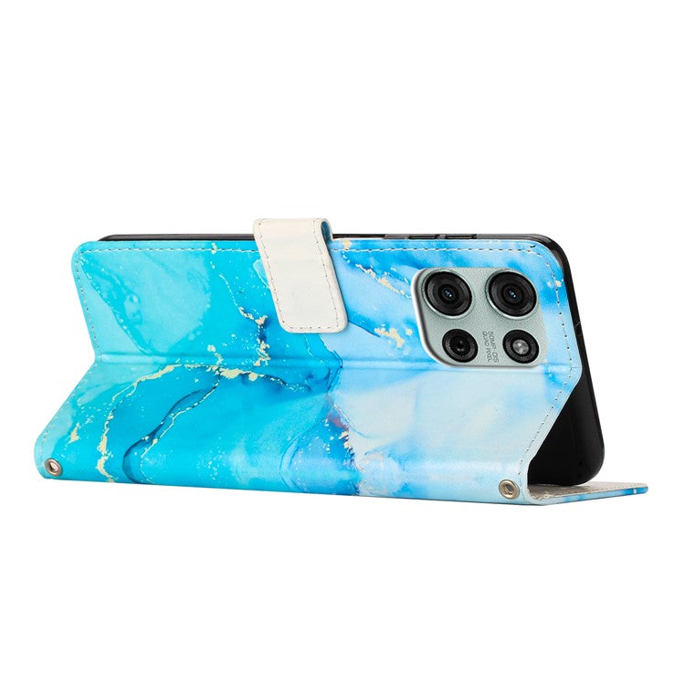 For Motorola Moto G75 5G Stand Case Marble Pattern PU Leather Wallet Phone Cover with Wrist Strap - Blue / Green