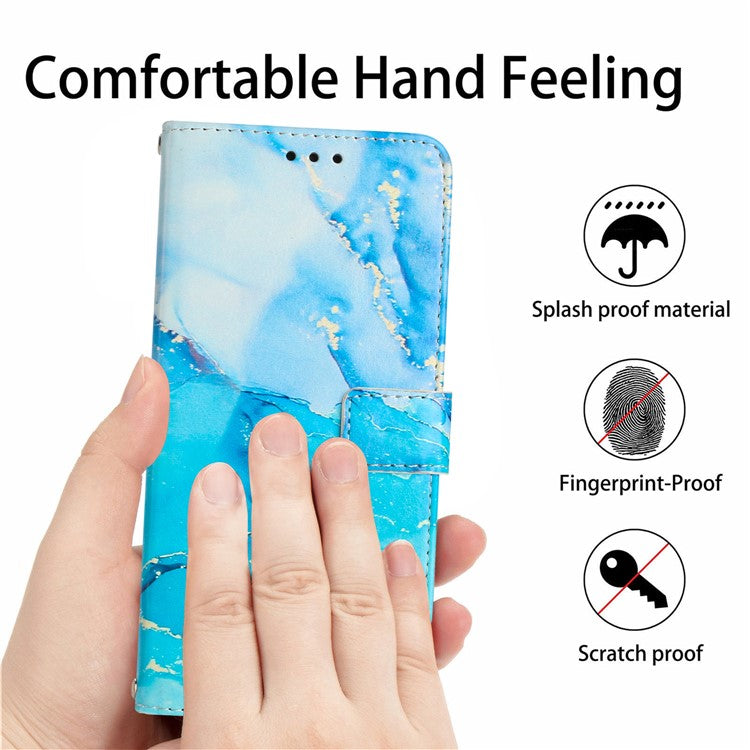 For Motorola Moto G75 5G Stand Case Marble Pattern PU Leather Wallet Phone Cover with Wrist Strap - Blue / Green