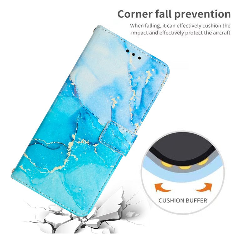 For Motorola Moto G75 5G Stand Case Marble Pattern PU Leather Wallet Phone Cover with Wrist Strap - Blue / Green
