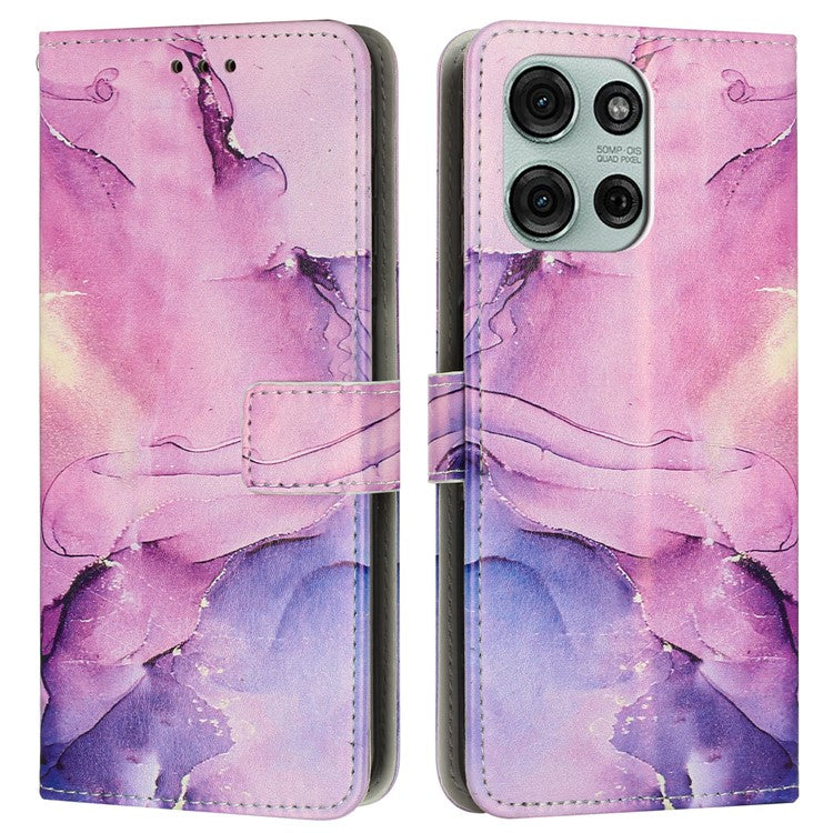 For Motorola Moto G75 5G Stand Case Marble Pattern PU Leather Wallet Phone Cover with Wrist Strap - Purple