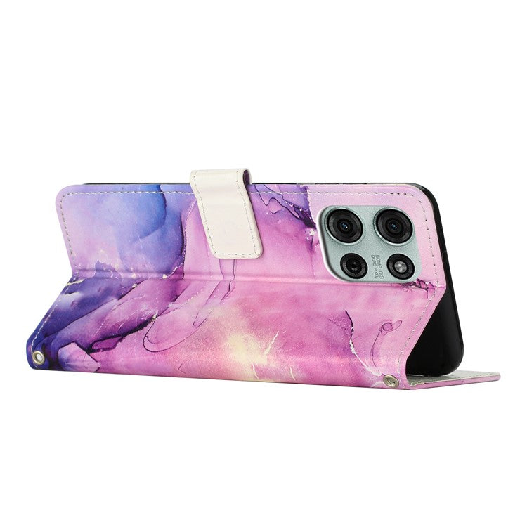 For Motorola Moto G75 5G Stand Case Marble Pattern PU Leather Wallet Phone Cover with Wrist Strap - Purple