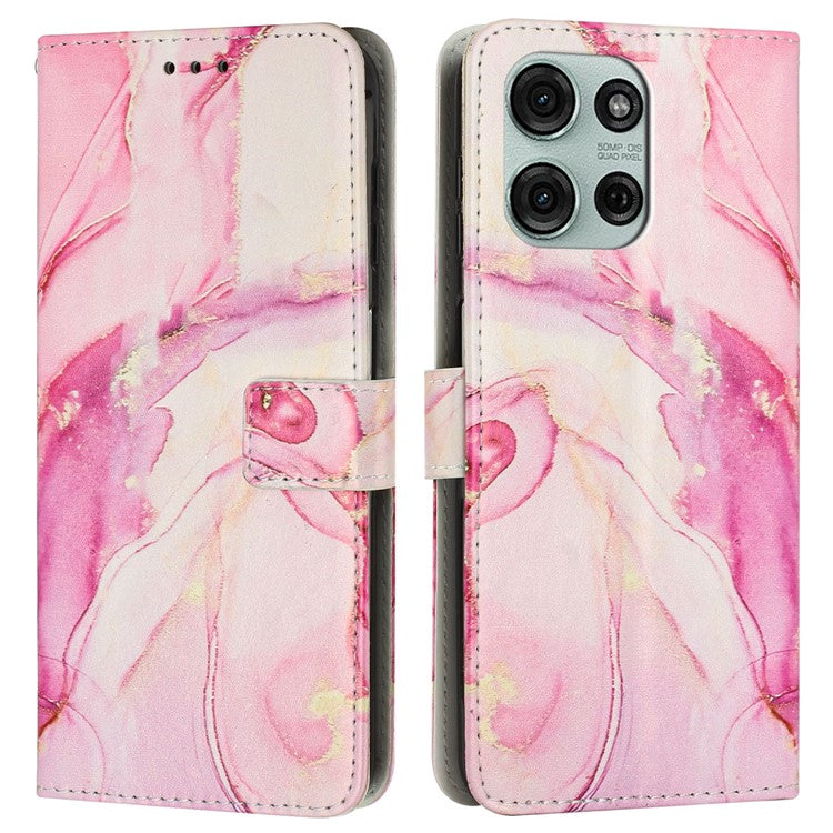 For Motorola Moto G75 5G Stand Case Marble Pattern PU Leather Wallet Phone Cover with Wrist Strap - Rose Gold