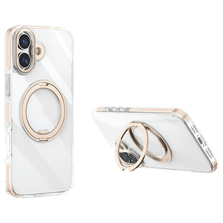 For iPhone 16 Case Compatible with MagSafe Gear Fulcrum Kickstand Electroplating Lens Frame PC + TPU Phone Cover - Gold
