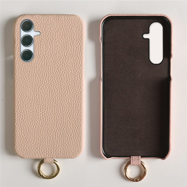 For Samsung Galaxy A55 5G Case with Lanyard Genuine Cow Leather PC Phone Back Cover - Pink