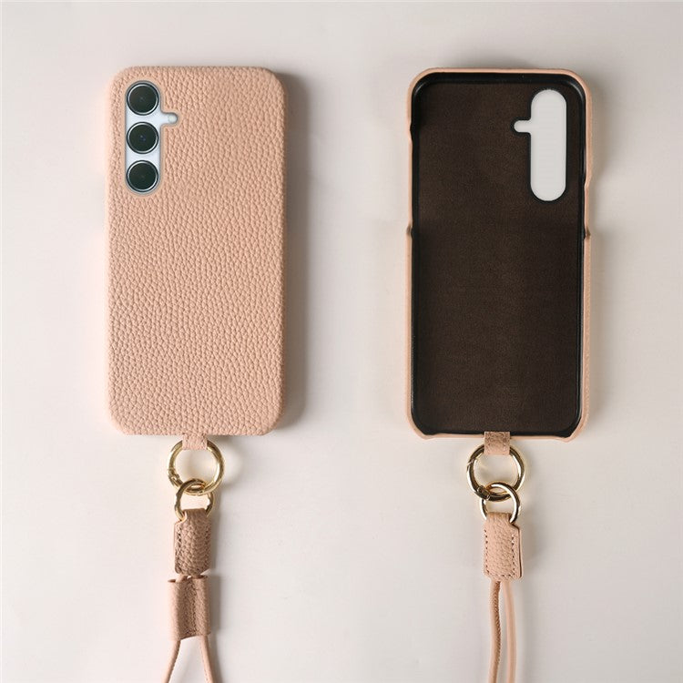 For Samsung Galaxy A55 5G Case with Lanyard Genuine Cow Leather PC Phone Back Cover - Pink