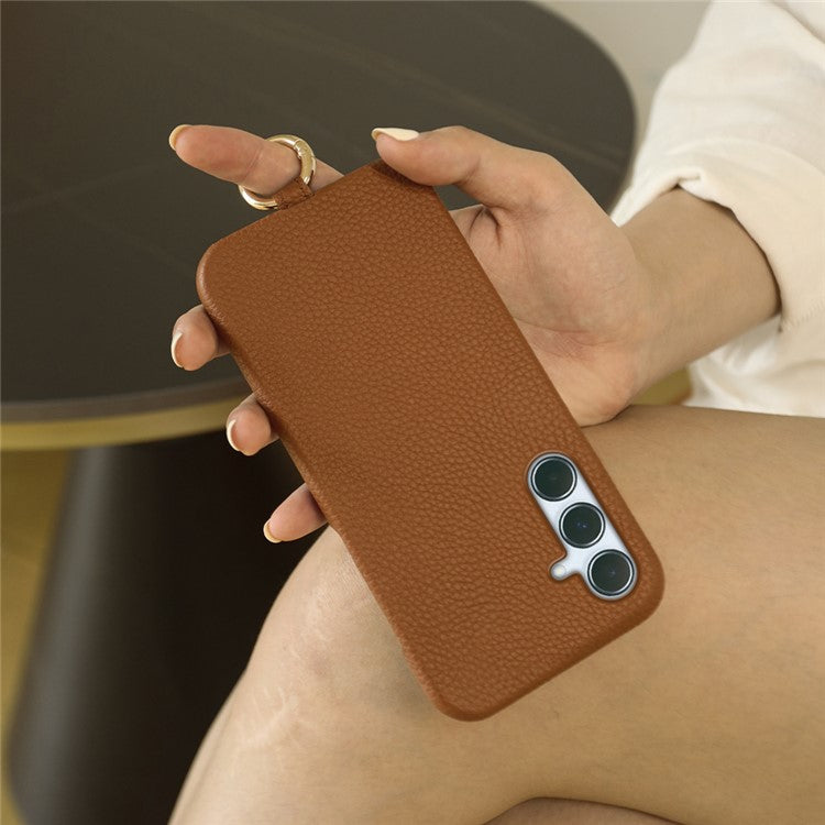 For Samsung Galaxy A55 5G Case with Lanyard Genuine Cow Leather PC Phone Back Cover - Pink