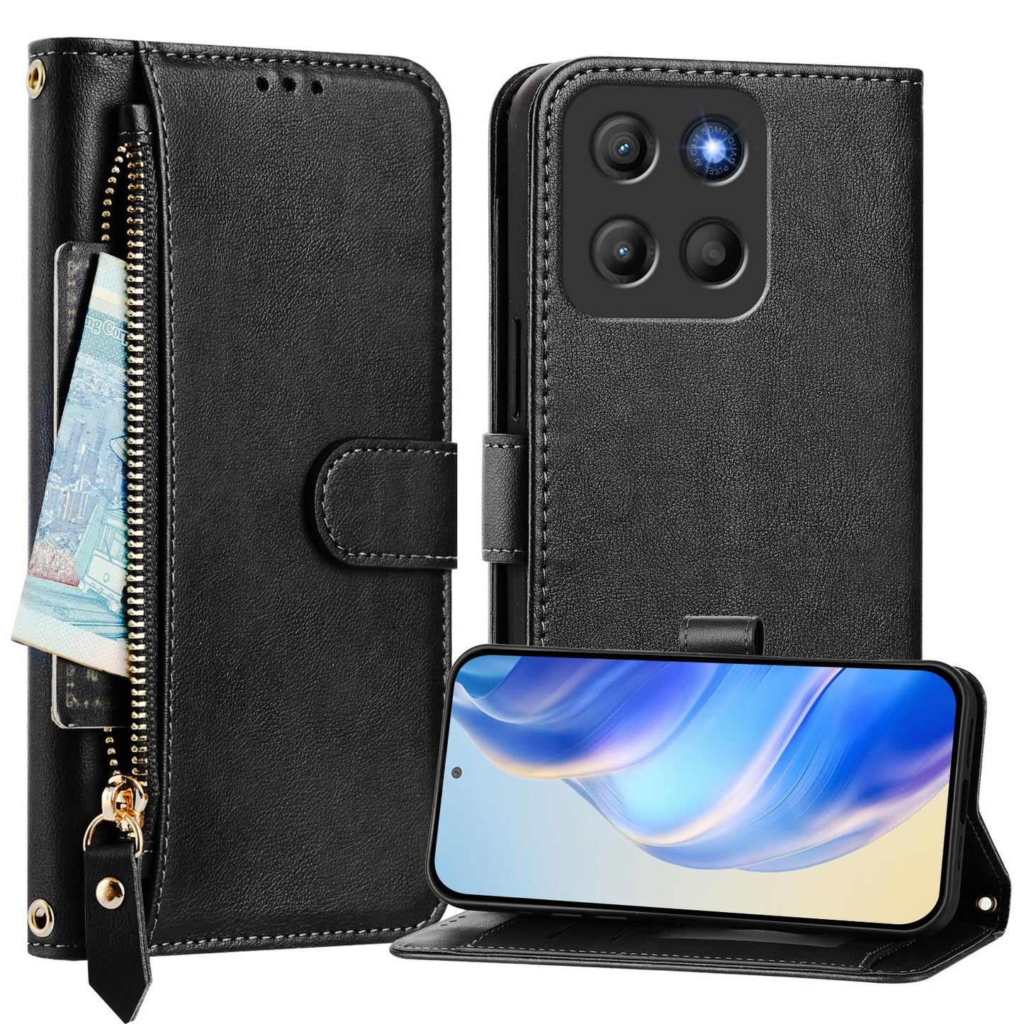 For Motorola Moto G15 4G Case Zipper Pocket Multiple Card Slots Leather Phone Cover - Black