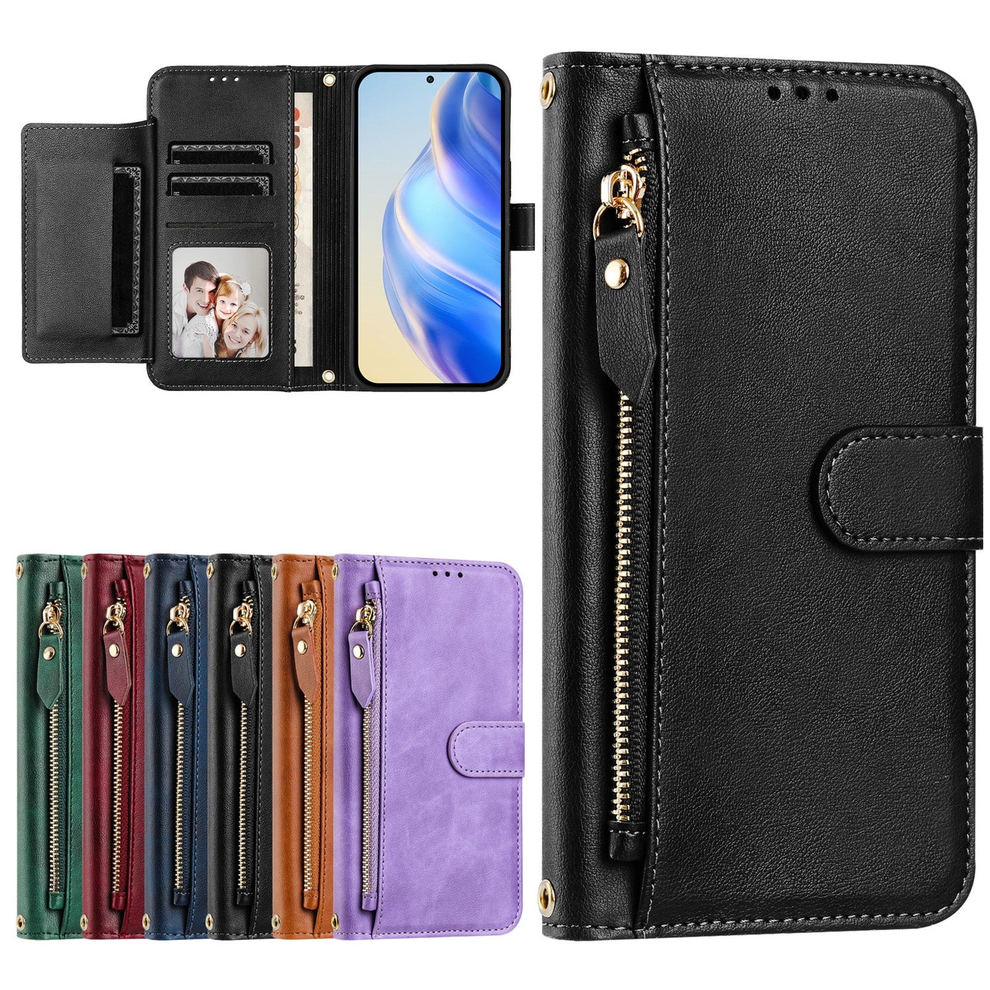 For Motorola Moto G15 4G Case Zipper Pocket Multiple Card Slots Leather Phone Cover - Black