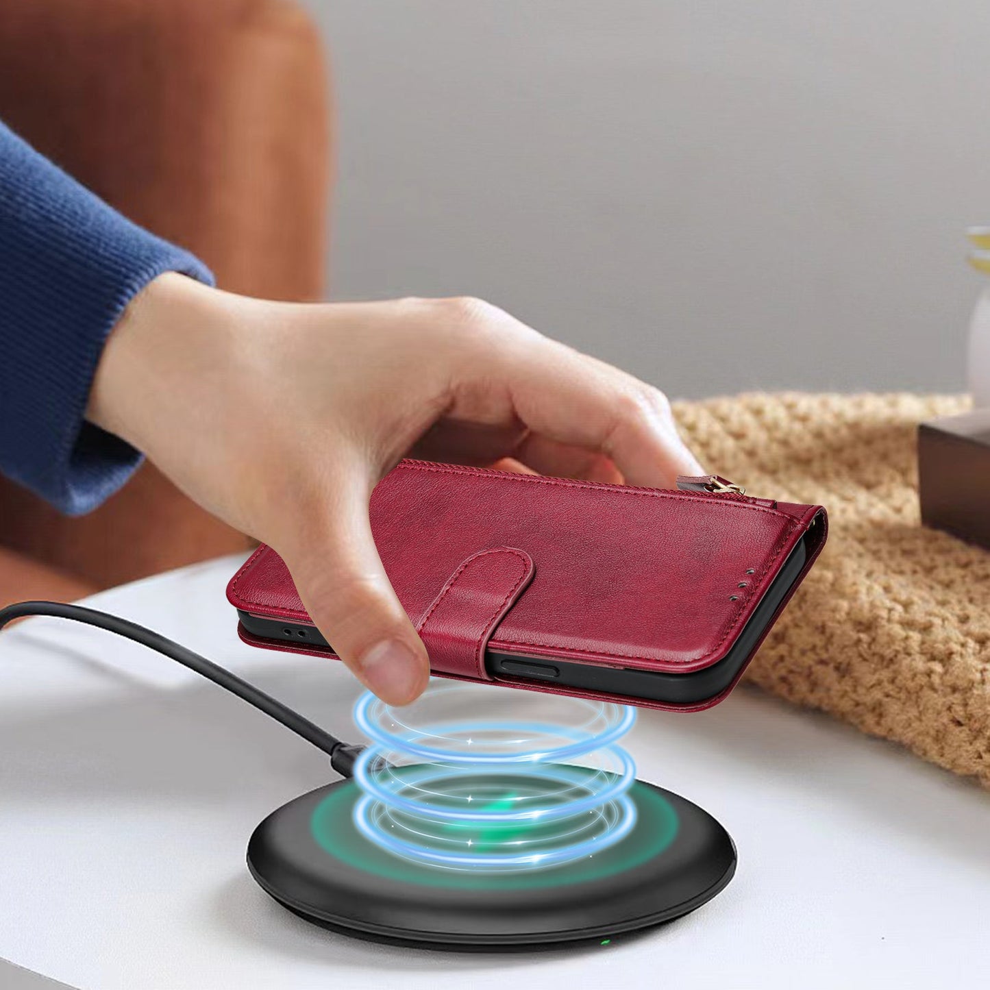 For Motorola Moto G15 4G Case Zipper Pocket Multiple Card Slots Leather Phone Cover - Red