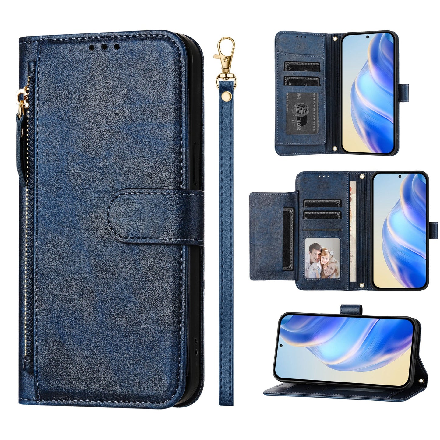 For Motorola Moto G15 4G Case Zipper Pocket Multiple Card Slots Leather Phone Cover - Blue