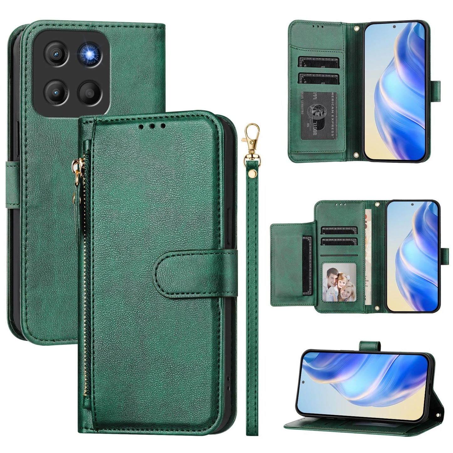 For Motorola Moto G15 4G Case Zipper Pocket Multiple Card Slots Leather Phone Cover - Green