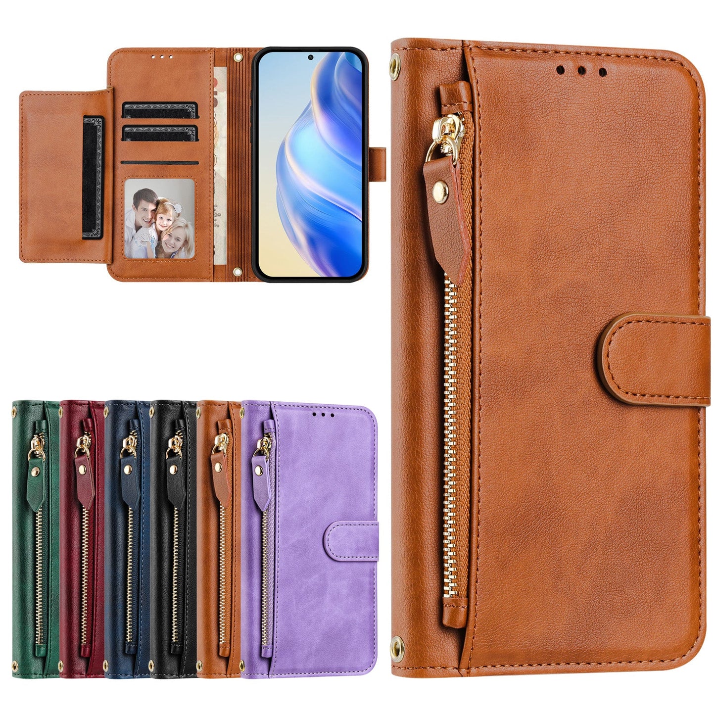For Motorola Moto G15 4G Case Zipper Pocket Multiple Card Slots Leather Phone Cover - Brown
