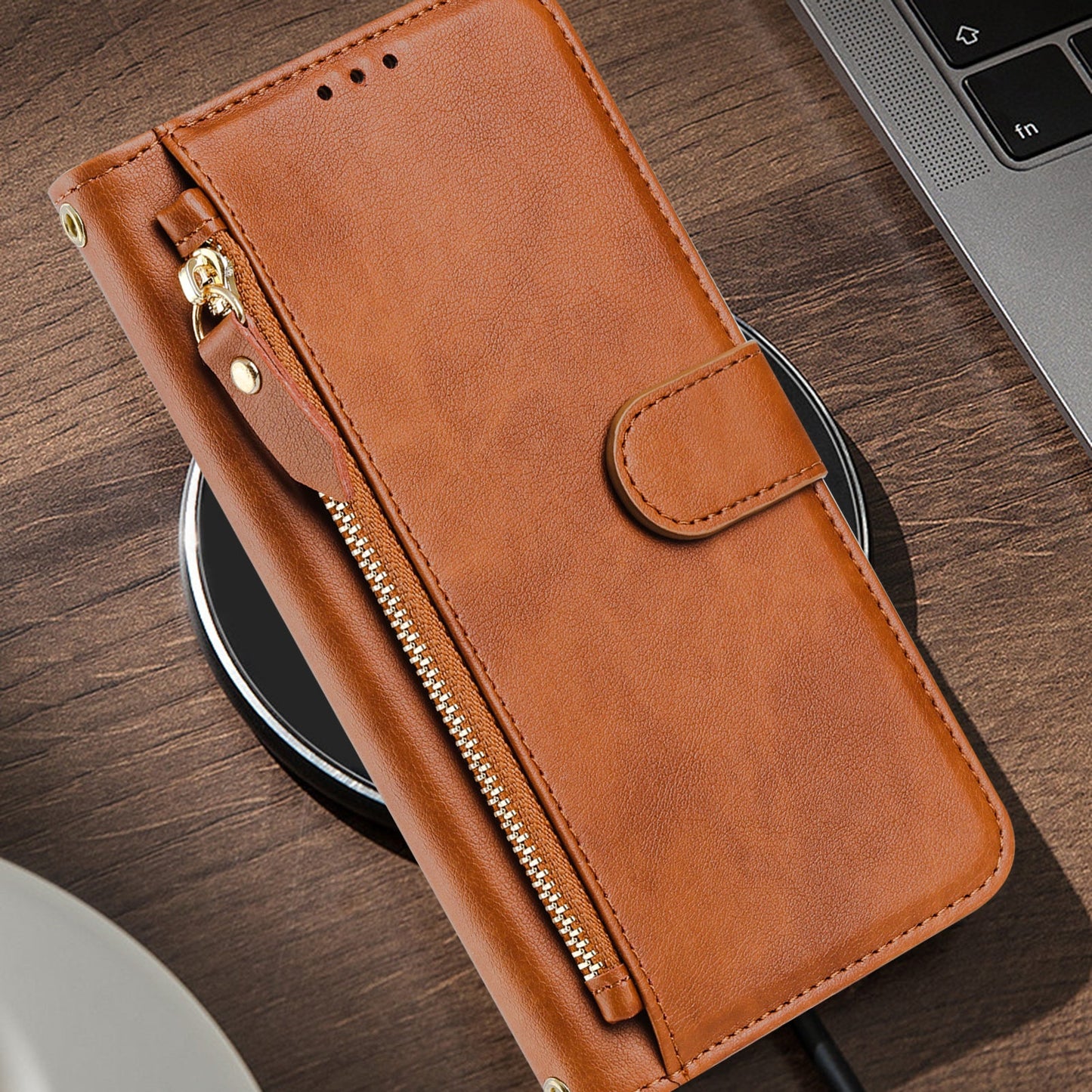For Motorola Moto G15 4G Case Zipper Pocket Multiple Card Slots Leather Phone Cover - Brown