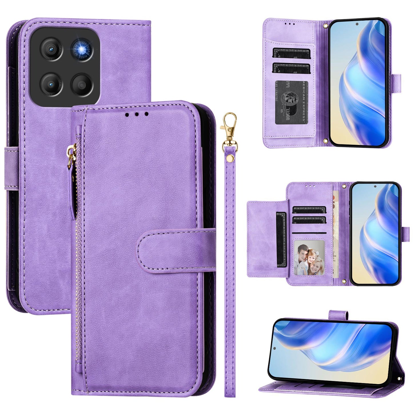 For Motorola Moto G15 4G Case Zipper Pocket Multiple Card Slots Leather Phone Cover - Purple