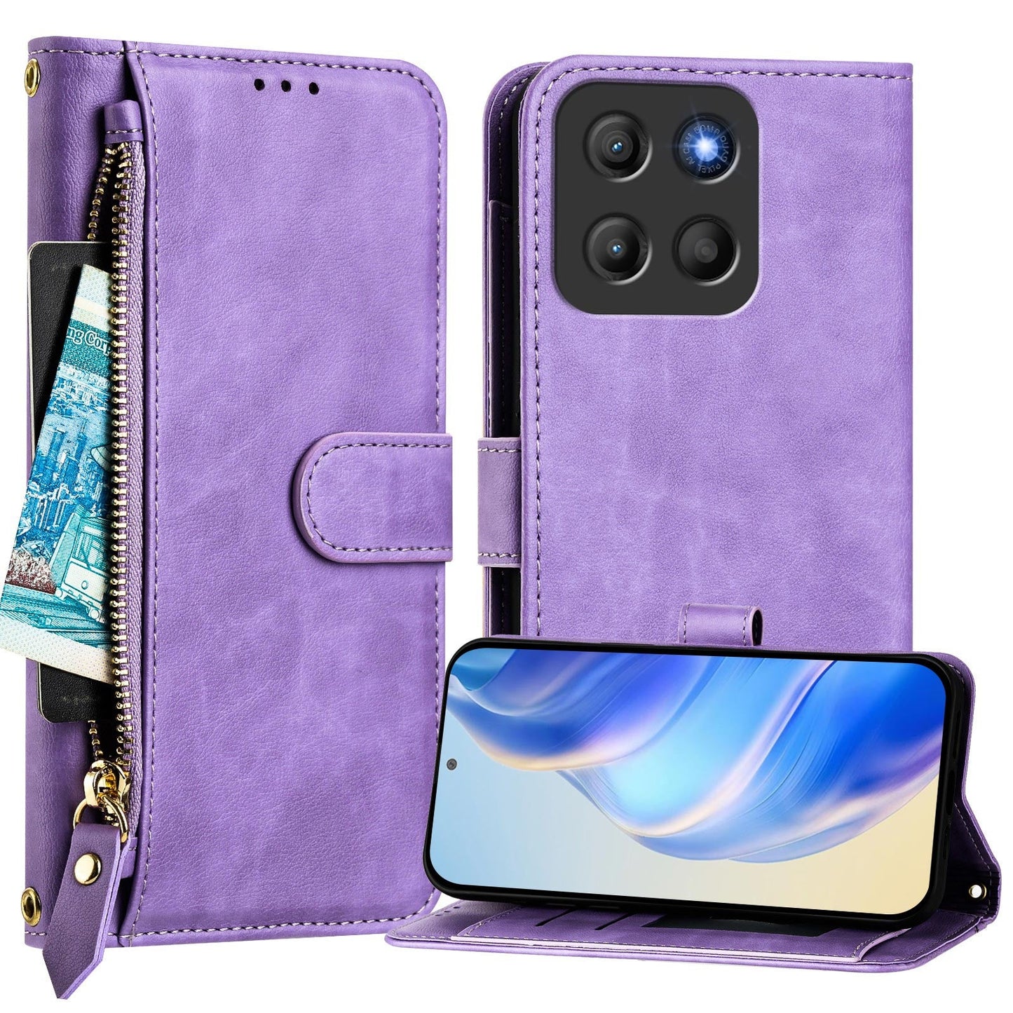 For Motorola Moto G15 4G Case Zipper Pocket Multiple Card Slots Leather Phone Cover - Purple