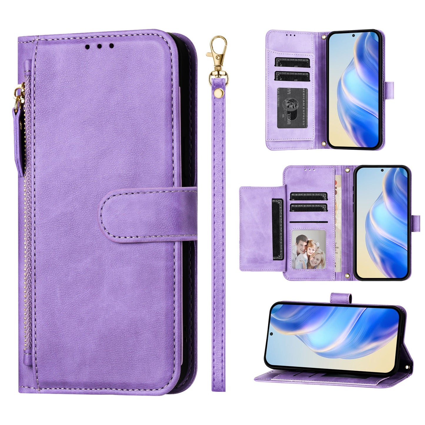 For Motorola Moto G15 4G Case Zipper Pocket Multiple Card Slots Leather Phone Cover - Purple