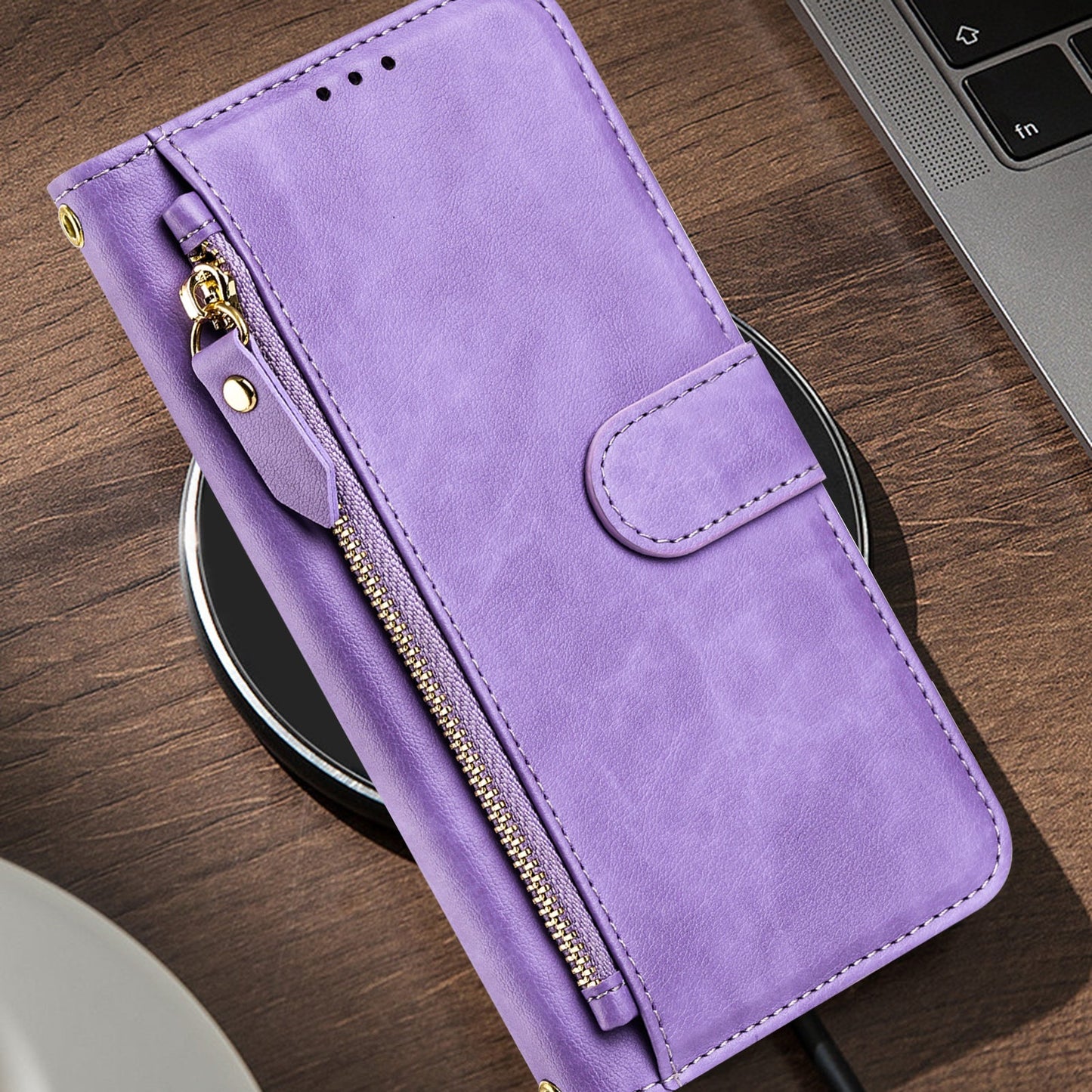 For Motorola Moto G15 4G Case Zipper Pocket Multiple Card Slots Leather Phone Cover - Purple