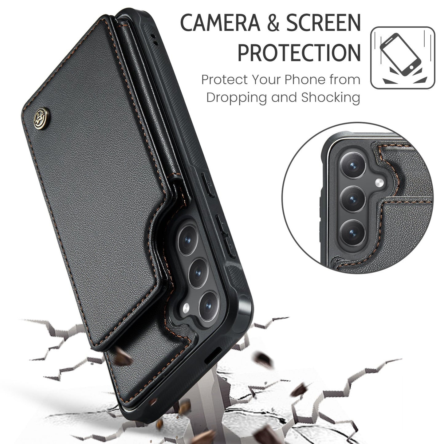 For Samsung Galaxy S25 Case CASEME C22 Series Leather+TPU Cover RFID Blocking 5 Card Slots - Black